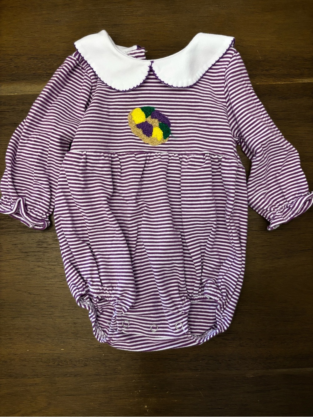 Mardi Gras Purple Striped Baby One-Piece with White Peter Pan Collar